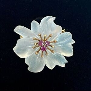 Vintage Rock Crystal Cherry Blossom Brooch Ruby Center Mid Century Floral Pin